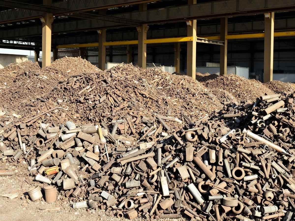 Graded ferrous steel scrap sorted in a scrapyard bay