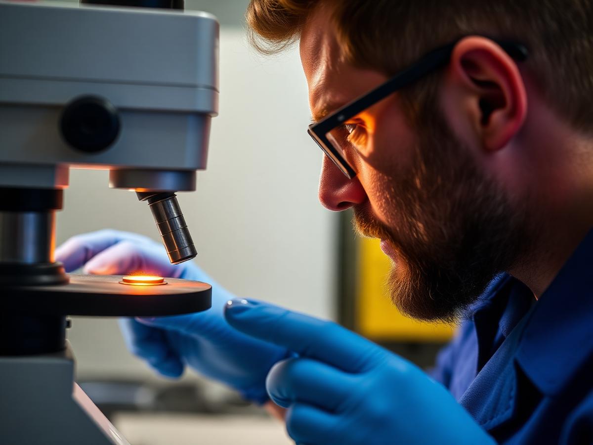 Metallurgist examining a metal sample in the quality lab